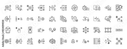 Data security line icon set. Vector pictograms of fingerprint, shield, access, lock, and key, thin linear illustration.