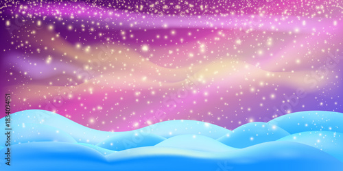 Realistic cartoon Christmas snow hills with falling snowflakes and northern lights background. Winter wide landscape design element with blue snow. Minimal north pole composition with snowy fields