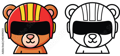 Cute Bear Pilot Vector Illustration Set Kawaii Animal Mascot Wearing Red Racing Helmet Cartoon Bear Head Icon in Color and Black Outline Style for Coloring Book.