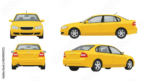 Vector art of a modern sedan car shown from multiple angles, highlighting its sleek design and aerodynamic body for automotive marketing, design presentations, and transportation concepts