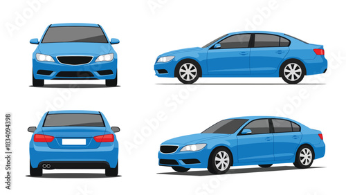 Vector art of a modern sedan car shown from multiple angles, highlighting its sleek design and aerodynamic body for automotive marketing, design presentations, and transportation concepts