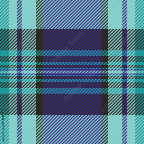 Worldwide background seamless check, premium plaid tartan vector. Volume textile fabric texture pattern in teal and indigo colors.