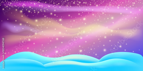 Realistic cartoon Christmas snow hills with falling snowflakes and northern lights background. Winter wide landscape design element with blue snow. Minimal north pole composition with snowy fields