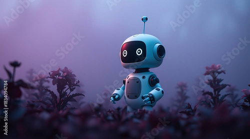 Friendly, cute little Robot in a Flower Field
