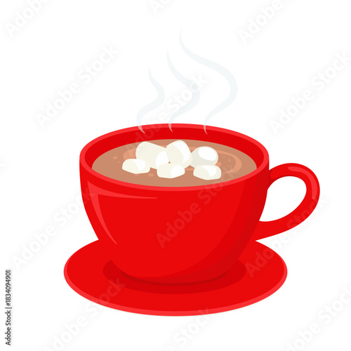 Hot coffee with marshmallows in a red mug. Sweet winter hot drink in a cup. Cozy Christmas cartoon illustration isolated on a white background. Festive seasonal vector.
