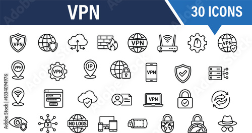 VPN security icon set featuring modern line-style privacy symbols, encryption elements, network protection graphics, cybersecurity tools, data safety illustrations, internet shield icons.