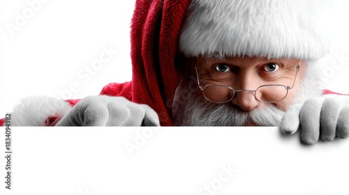 Festive Santa portrait, Jolly Santa with message board, Holiday Santa smiling for marketing visuals, Centered Santa holding sign with cheerful holiday expression