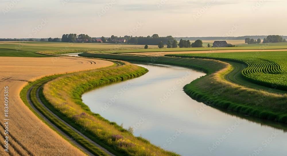 Naklejka premium Winding river flowing through a peaceful rural agricultural landscape at sunset.