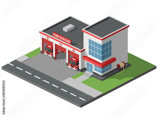 3D Isometric fire station with garage door, firetruck, and sidewalk, suitable for public service illustrations, emergency response themes, and city infrastructure projects