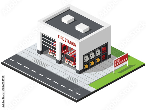 3D Isometric fire station with garage door, firetruck, and sidewalk, suitable for public service illustrations, emergency response themes, and city infrastructure projects