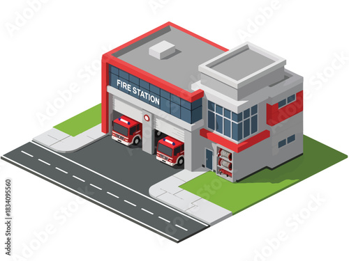 3D Isometric fire station with garage door, firetruck, and sidewalk, suitable for public service illustrations, emergency response themes, and city infrastructure projects