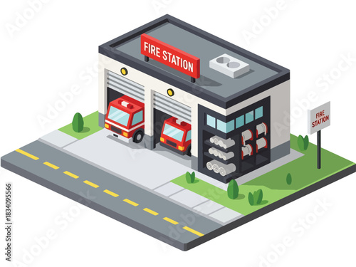 3D Isometric fire station with garage door, firetruck, and sidewalk, suitable for public service illustrations, emergency response themes, and city infrastructure projects