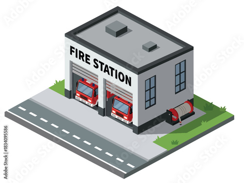 3D Isometric fire station with garage door, firetruck, and sidewalk, suitable for public service illustrations, emergency response themes, and city infrastructure projects
