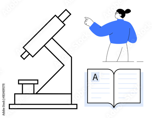 Science education, research, learning tools, academic studies, knowledge sharing, scientific exploration. Illustration shows a microscope, open book and pointing person. Science education