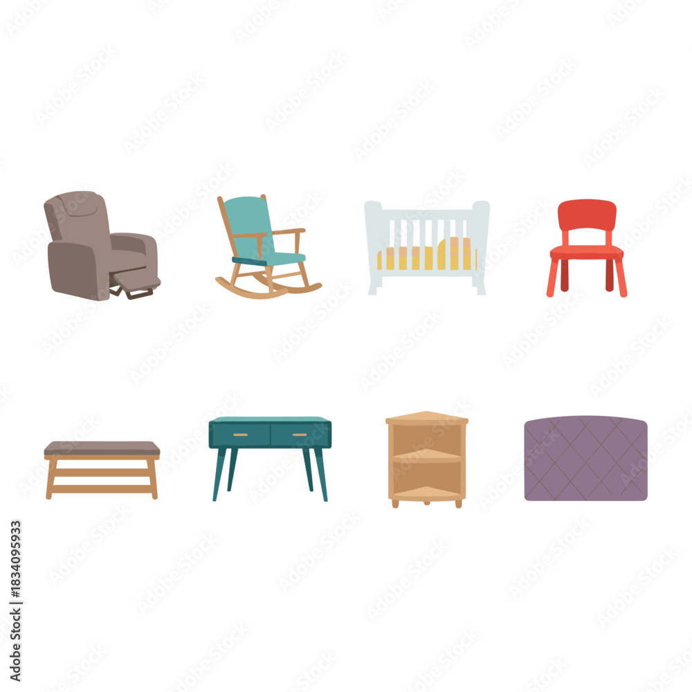 Fototapeta premium Furniture items flat illustrations set