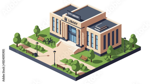 3D Isometric library with books signage, benches, and trees, ideal for education, community facility mapping, and smart city design resources