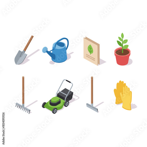 Gardening tools isometric icon set