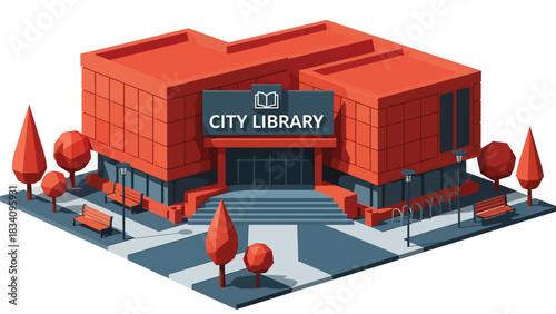 3D Isometric library with books signage, benches, and trees, ideal for education, community facility mapping, and smart city design resources