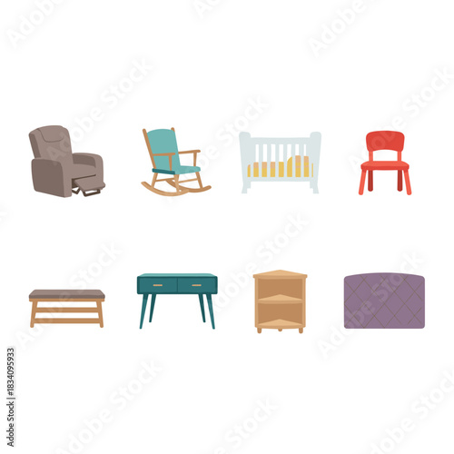 Furniture items flat illustrations set