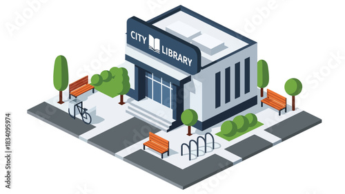 3D Isometric library with books signage, benches, and trees, ideal for education, community facility mapping, and smart city design resources