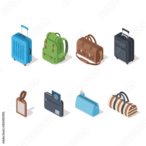 Travel luggage and accessories isometric set