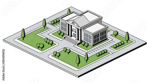 3D Modern isometric courthouse with justice symbol, stairs, and landscaping, ideal for legal, documentary, political, and city infrastructure illustrations
