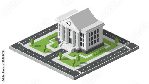 3D Modern isometric courthouse with justice symbol, stairs, and landscaping, ideal for legal, documentary, political, and city infrastructure illustrations
