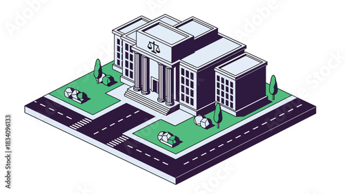 3D Modern isometric courthouse with justice symbol, stairs, and landscaping, ideal for legal, documentary, political, and city infrastructure illustrations