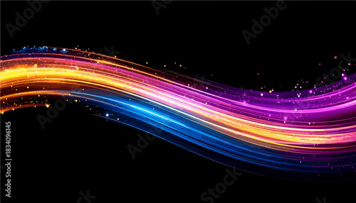 Vibrant multicolor light trail swoosh with shimmer sparks, curved spectrum effect isolated background SVG 