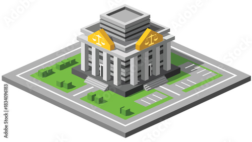 3D Modern isometric courthouse with justice symbol, stairs, and landscaping, ideal for legal, documentary, political, and city infrastructure illustrations