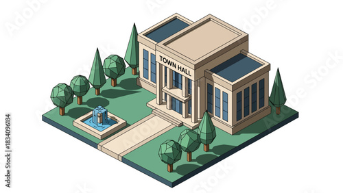 3D View Isometric city hall with fountain, walkway, and trees, ideal for government-themed illustrations, public administration visuals, and smart city mapping