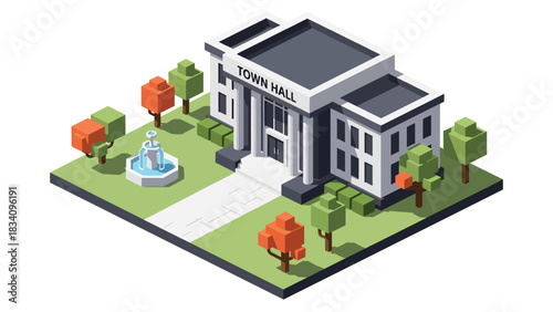 3D View Isometric city hall with fountain, walkway, and trees, ideal for government-themed illustrations, public administration visuals, and smart city mapping