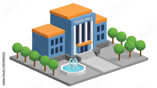 3D View Isometric city hall with fountain, walkway, and trees, ideal for government-themed illustrations, public administration visuals, and smart city mapping