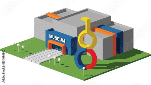 3D View Flat isometric museum with banners and sculpture outside, suitable for cultural, educational maps, and travel-themed design collections