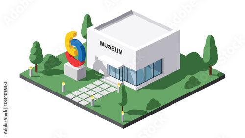 3D View Flat isometric museum with banners and sculpture outside, suitable for cultural, educational maps, and travel-themed design collections