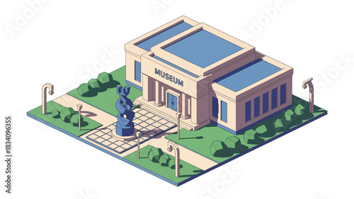 3D View Flat isometric museum with banners and sculpture outside, suitable for cultural, educational maps, and travel-themed design collections