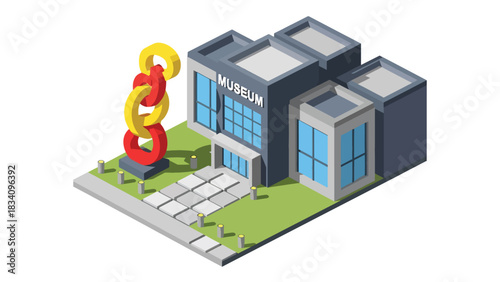 3D View Flat isometric museum with banners and sculpture outside, suitable for cultural, educational maps, and travel-themed design collections
