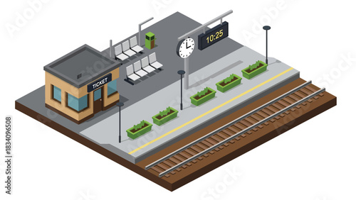 3D View Isometric train station with rail tracks, signage, platform, and entrance walkway, ideal for transportation, travel maps, and urban navigation designs