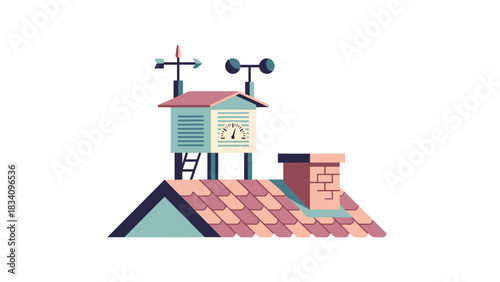 Rooftop weather station with environmental monitoring instruments, detailed meteorological imagery for climate studies, engineering projects, and educational motion graphics