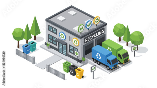 3D View Isometric recycling facility with bin sorting areas, truck, signage, and fenced border, ideal for sustainability, environmental planning, and eco city concepts