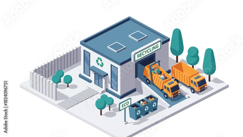 3D View Isometric recycling facility with bin sorting areas, truck, signage, and fenced border, ideal for sustainability, environmental planning, and eco city concepts