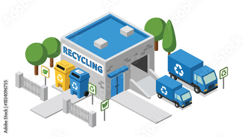 3D View Isometric recycling facility with bin sorting areas, truck, signage, and fenced border, ideal for sustainability, environmental planning, and eco city concepts
