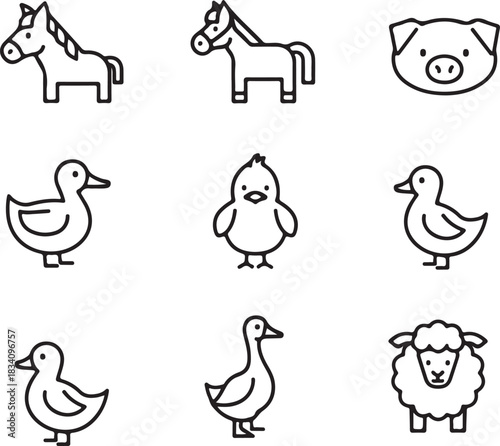 Farm animal line art icon set for web design children's apps and education
