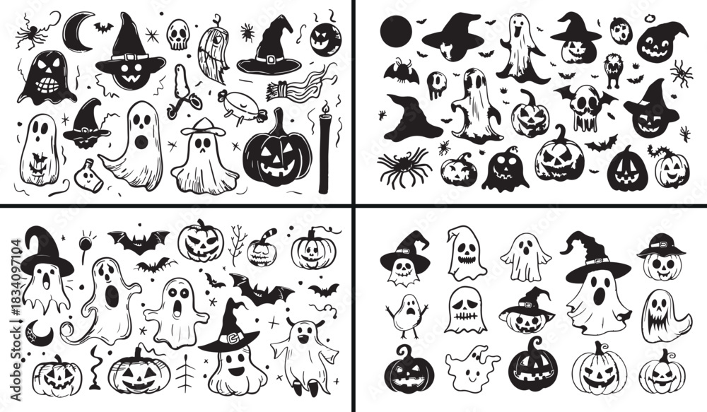 Naklejka premium Witch illustration vector, wizard doodle set, magic spell artwork, Halloween witch drawing, fantasy wizard character, potion magic design, spell book vector, creepy witch and broom, mystic character a