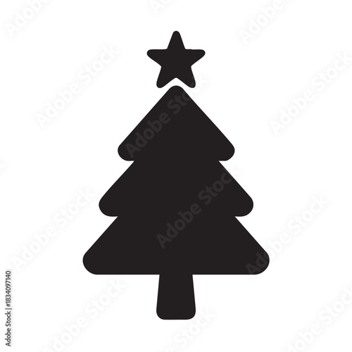 Silhouette of a christmas tree with a star on top against a white background cutout