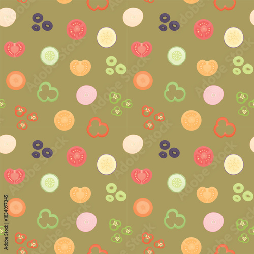 Background with sliced ​​vegetables. Pattern with cucumber, tomato, pepper, eggplant, onion, and carrot.