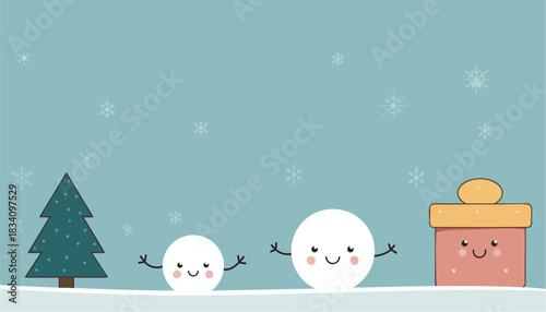Adorable cartoon snowballs and a smiling gift box celebrating winter together.