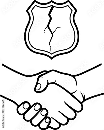 United hands handshake deal with broken shield above. Unity concept. For partnership, cooperation badge, symbol design. Vector illustration