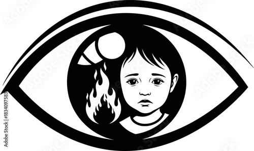 Human eye with sad kid face and burning bomb inside pupill. War victim, global crisis and conflict, tragedy concept. Vector illustration