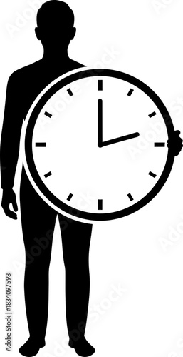 Black silhouette of a man standing with a large analog clock, symbolizing time management and personal schedule control. Vector illustration for business concept design